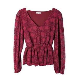 Maurices Woman's Blouse XS Burgundy Floral Lace Peplum Lined Festive Holiday